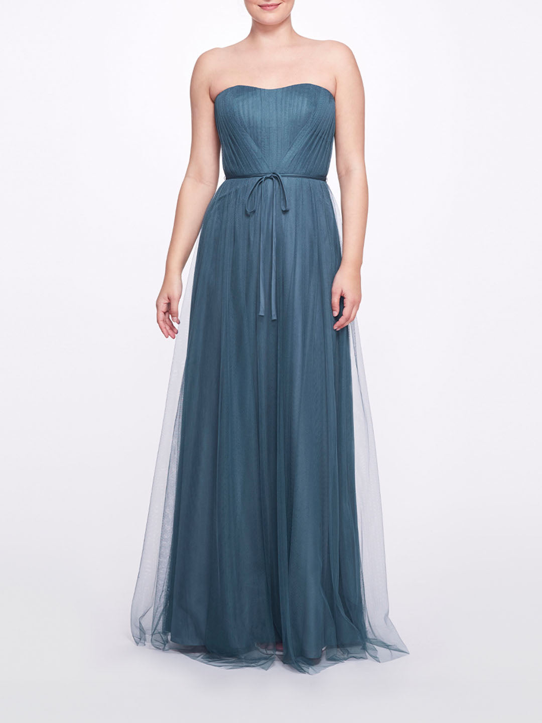 Dusty Blue Strapless Tulle Gown with Ribbon Waist Tie – Marchesa