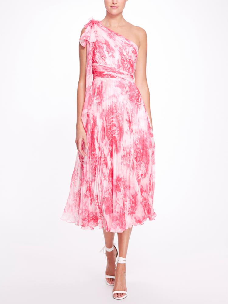 MARCHESA NOTTE One-shoulder pleated floral-print chiffon gown