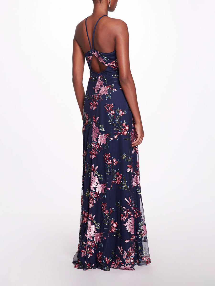 Midnight Blue Floral Sequin Halter Neck Fitted Gown – Marchesa