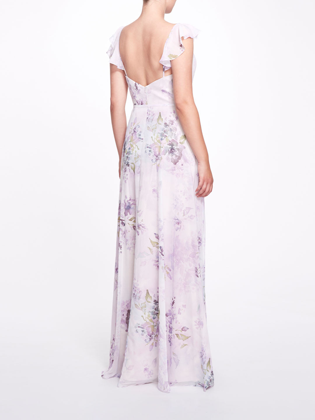 Lilac Floral Chiffon Gown with Ruffle Cami Straps and Waist Tie – Marchesa