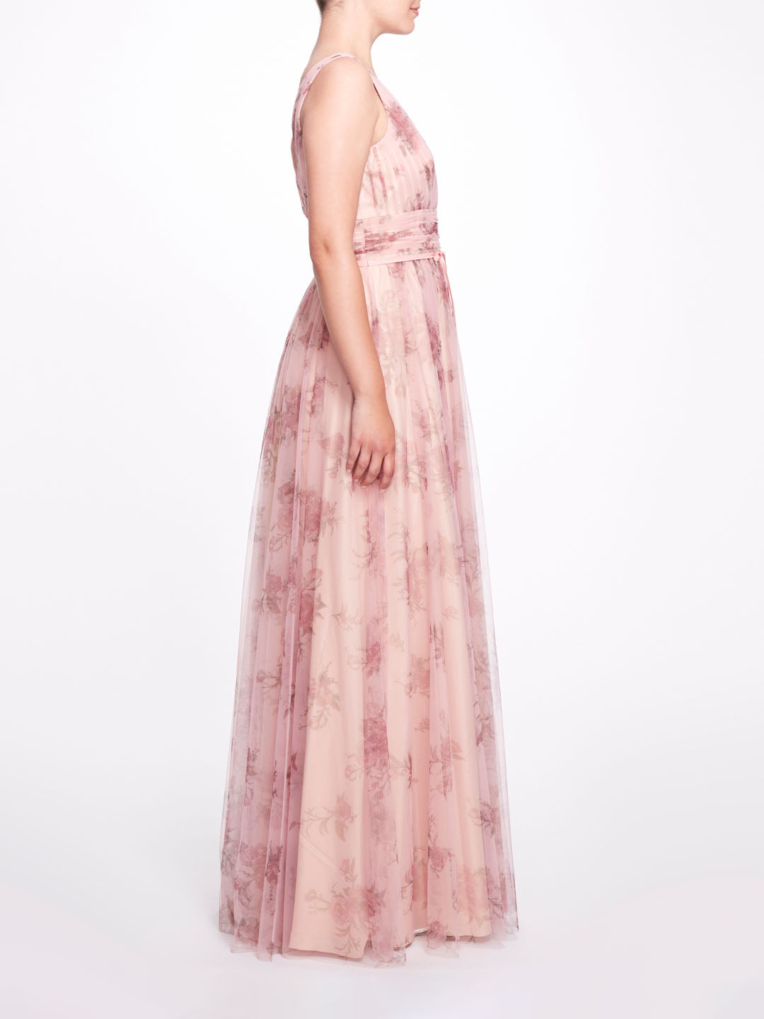 Blush Pink Floral V-Neck Tulle Gown with Low Back and Waist Tie