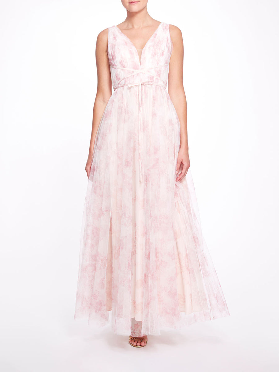 Blush Pink Floral V-Neck Tulle Bridesmaids Gown with Low Back – Marchesa
