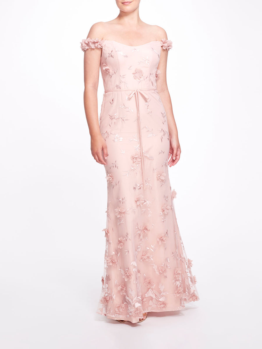Pink 3D Floral Off The Shoulder Gown with Waist Tie – Marchesa