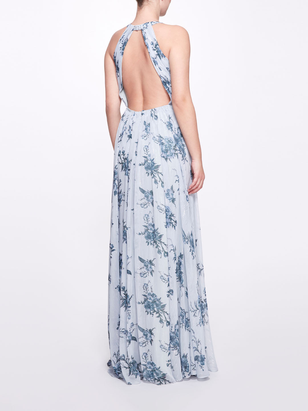 Light Blue Floral Halter Neck Gown with Open Back and Keyhole Cutout Marchesa