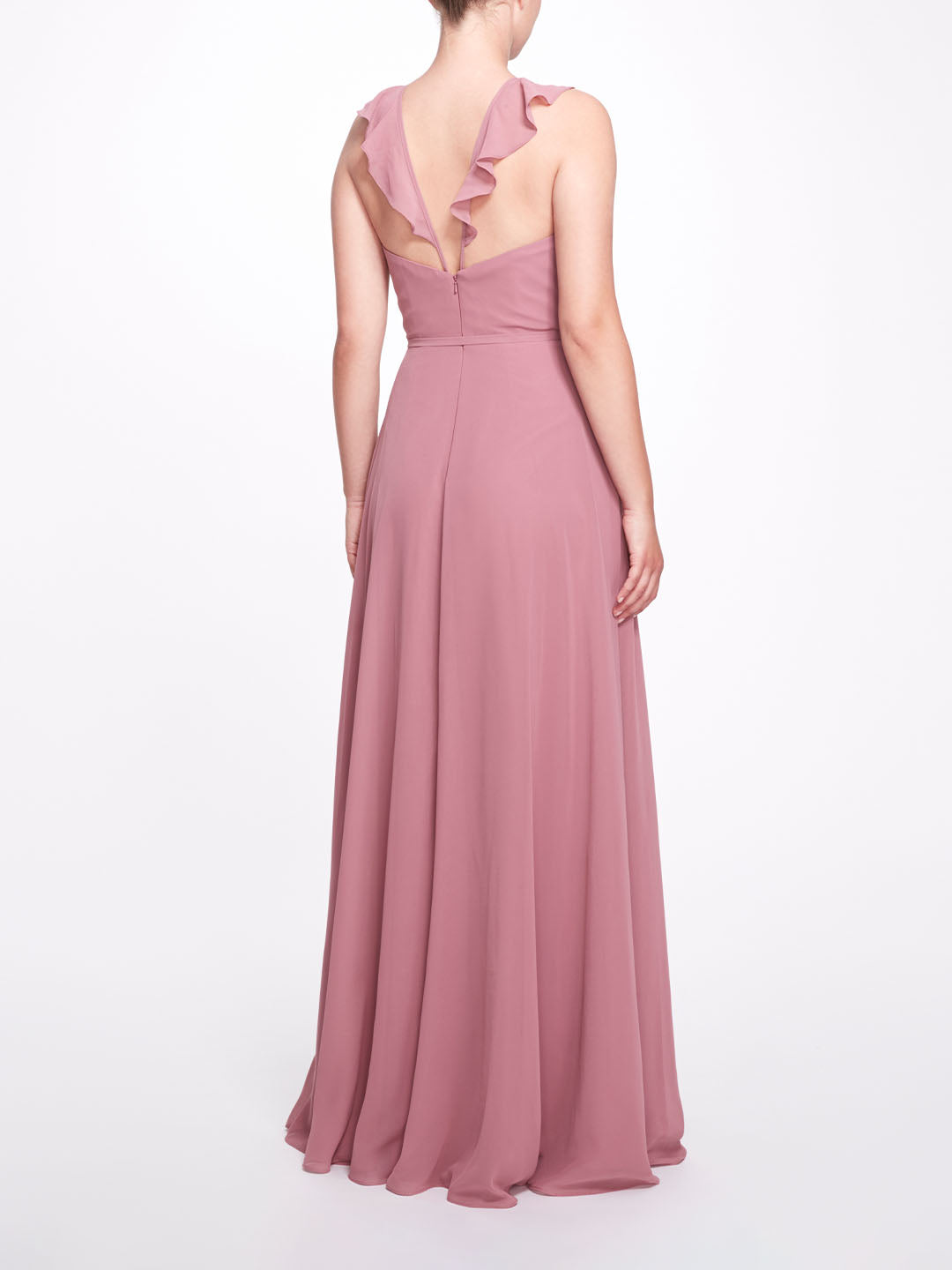 Mauve Pink Chiffon Keyhole Halter Neck Ruffle Gown – Marchesa