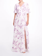 Lilac Purple Floral Wrap Gown with Short Flutter Sleeves – Marchesa