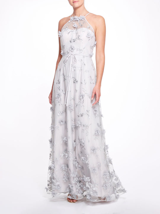 Dove Grey Sheer Halter Neck Gown with Floral Appliqués – Marchesa
