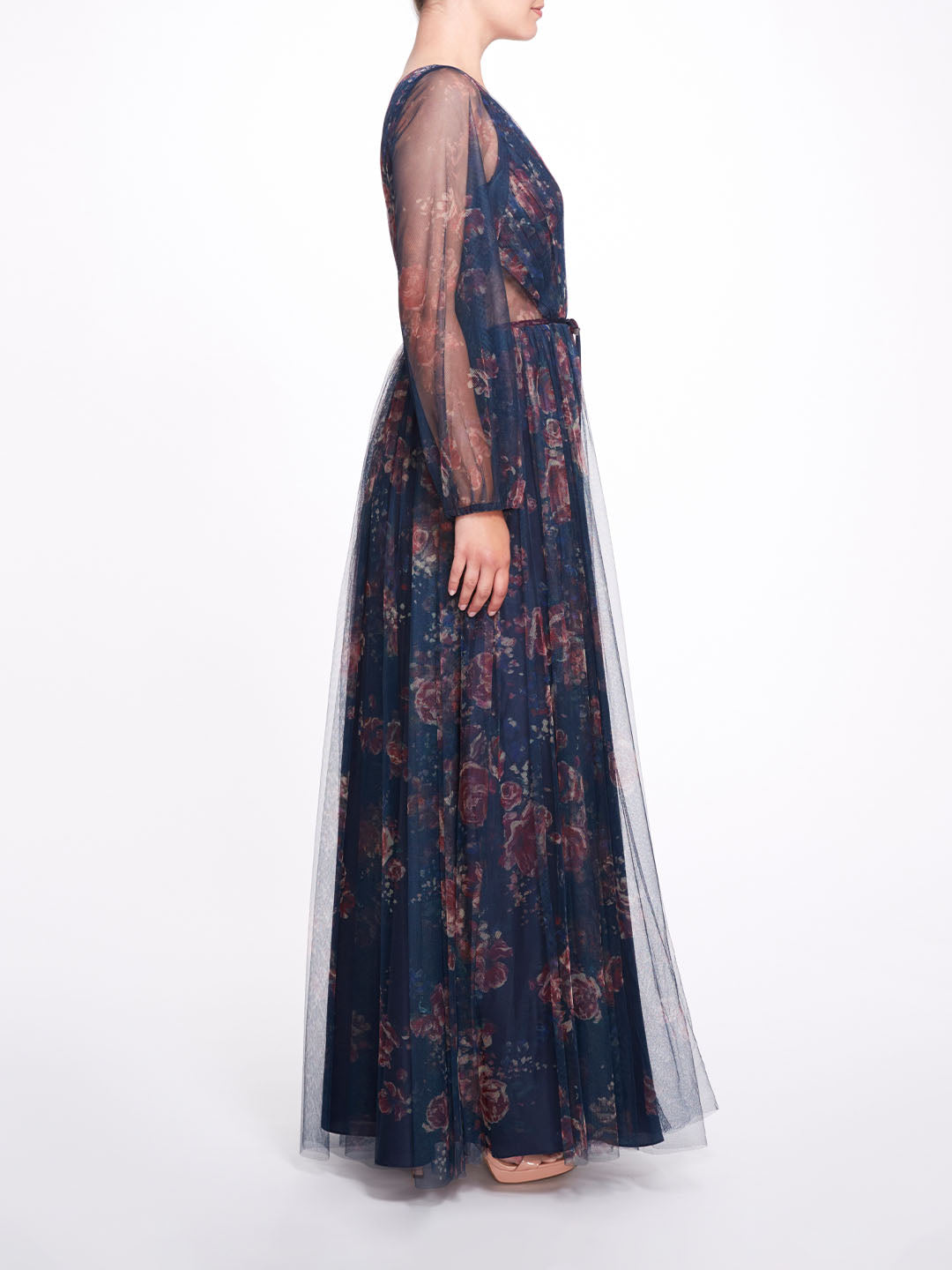 Deep Blue Floral Tulle Gown with Sheer Long Sleeves and Side