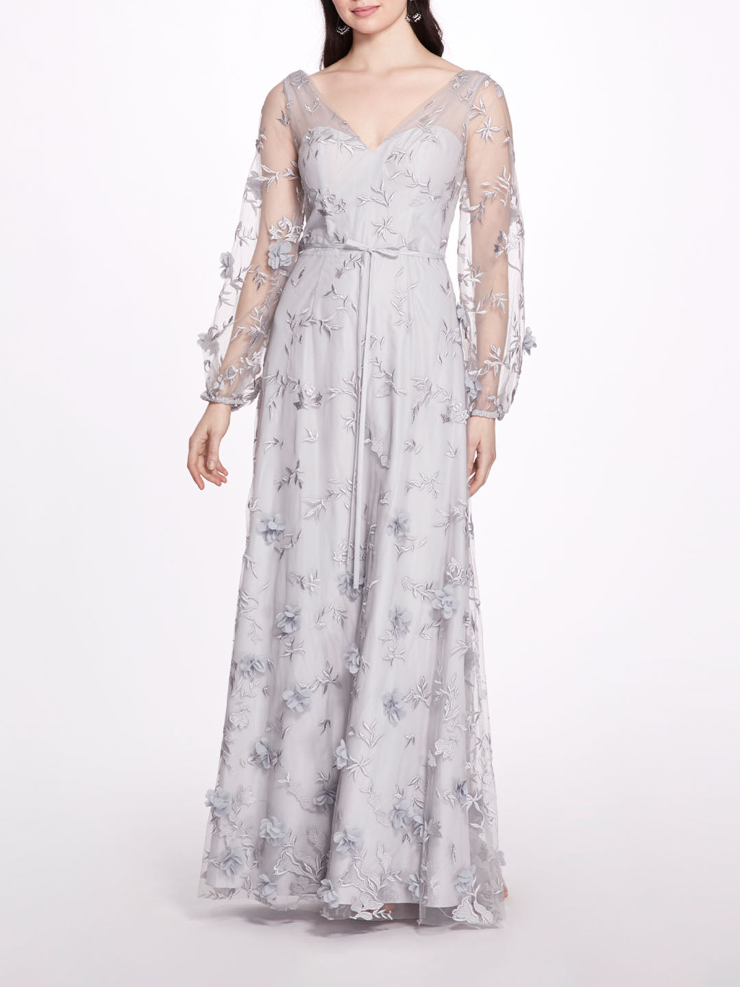 Dove Grey Floral Embellished Gown with Sheer Balloon Sleeves – Marchesa
