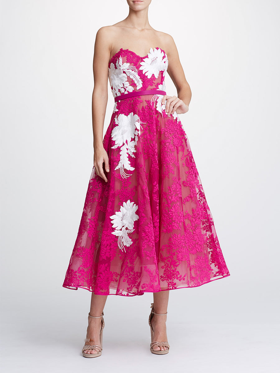 Fuchsia Lace Strapless Tea Length Cocktail Dress | Shop Marchesa Couture